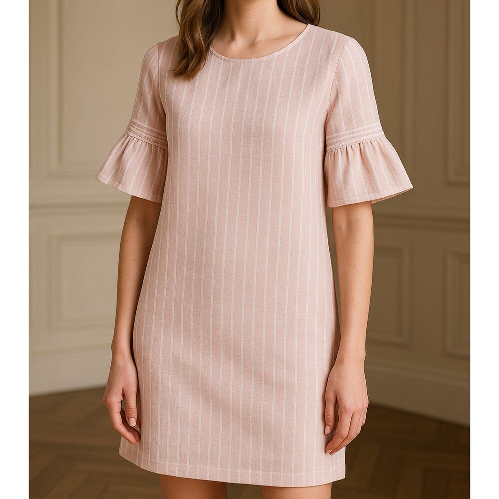 Caslon 100% Linen Shift Dress Women M Powder Pink and White Stripe Nautical